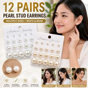 Pearl Stud Earrings Set 12 Pairs Multiple Sizes White Beige Classic Elegant Earrings for Women Girls Daily Wear Office School Party Wedding Gift