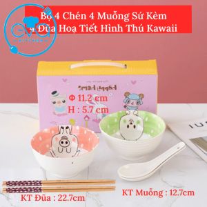 Bộ 6 Chén Sứ Hoạ Tiết Hoạt Hình Thú Cưng Cute Phong Cách Nhật Tặng Kèm 6 Đôi Đũa Tre Cao Cấp