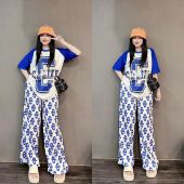 Cross-border foreign trade tie-dye fashion set womens summer loose cartoon print short-sleeved wide-leg trousers casual two-piece set tide
