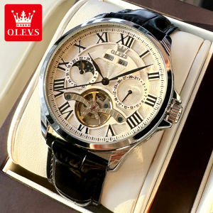 OLEVS 7013 Mechanical Men Business Watch Stainless Steel Watchband Round-dial Wristwatch Moon Phase Month Display Week Display Calendar Year display