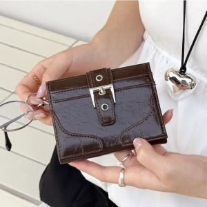 Women Silver Leather Card Holder Ultra-Thin Mini Buckle Coin Purse Portable Wallet Cute Bank Credit Id Bag Multi-Card Slot
