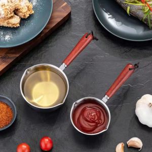 FZIPUA เล็กๆน้อยๆ ไม่ติดกระทะ เหล็กไร้สนิม ที่จับไม้จับ การทอด กระทะซอสขนาดเล็ก หม้อนมนม กระทะละลายช็อกโกแลต หม้อหลอมละลาย