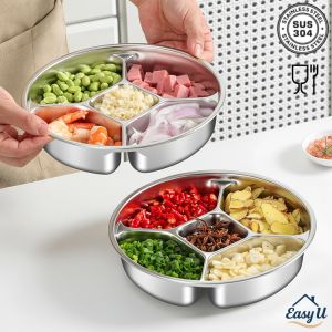 304 Stainless Steel Five-Compartment Round Plate | Fruit Snack Side Dish Food Preparation Tray Pinggan Bulat 五格圆形盘