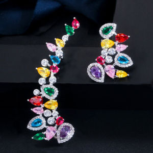 SEQUITO New Unique Yellow Gold Plated Full Pave Bling Multi Color AAA Cubic Zircon Asymmetric Clip on Ear Stud Earrings for Women Evening Prom Party Trendy Jewelry SE667