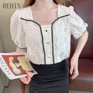 REHIN Womens Top Summer New Fashionable All-match Mesh Lace Short-sleeved Shirt Elegant Small Blouse