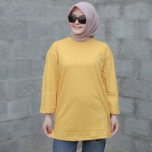 Kaos Oversize Wanita Lengan Panjang 7/8 Basic Polos Kuning Belah Samping Atasan Jumbo Dewasa LD 130