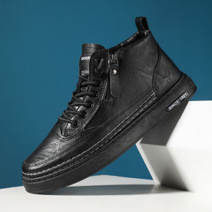 Korean High-cut Black Casual Shoes for Men PU Leather Waterproof Comfortable