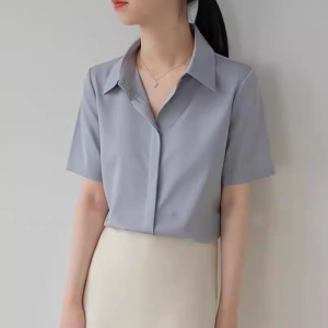 HUILISHI 5COLOR Fashion Casual Button Ladies Short Sleeve Plain Shirt