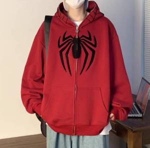 B120  เสื้อแขนยาวฮู้ด Oversize (อก 48 นิ้ว) ซิปหน้า งานปักแมงมุมขนนุ่ม มีกระเป๋าข้าง ผ้าคอตตอลผ้าดี สินค้าพร้อมส่งจากไทย