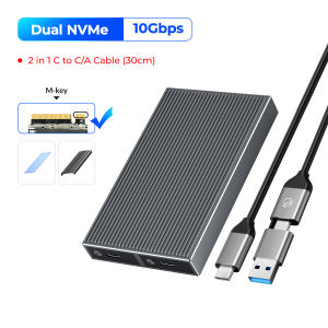 Dual Bay M.2 NVMe SSD Case ORICO 10Gbps For M Key M&B Key NVMe PCIe Tool Free SSD Enclosure With Built-in Cooling Vest with Smart Sleep FREE 2 in 1 PD60W Cable