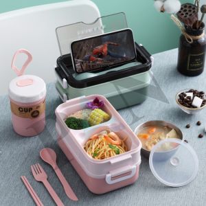 304 Stainless Steel Lunch Box with Soup Bowl Double Layer Bento Box Spoon Fork Chopstick Student Workers Food Storage 304 Bekas Makanan dengan Mangkuk Sup