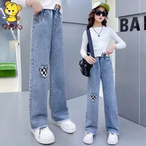 New Pants for Kids Girl Maong Pants Baggy Pants for Teens Girls Heart Design Straight-Leg Skinny Jeans for Kids Girls Casual Wide Leg Pants Childrens Clothing 5-16 Years Old (120-160CM)