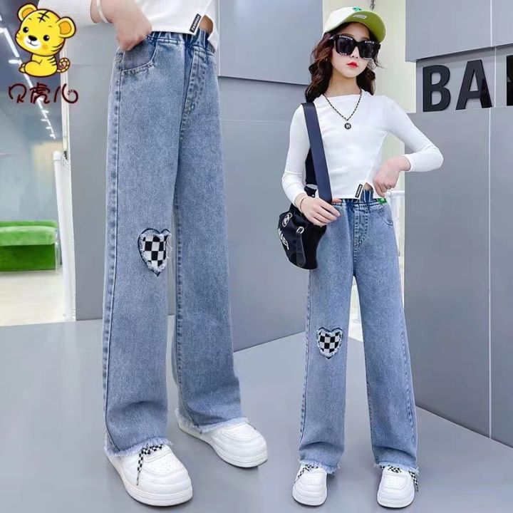 DIIMUU Spring Fashion Kids Girls Jeans Denim Trousers Bottoms Children Long  Pants Clothes Elastic Waist Girl Wide leg pants Clothing