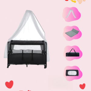 5 in 1 Flodable Baby Bassinet Bedside with Diaper Changer 4 Adjustable Height Co Sleeper Bed Crib with MattressMusic Toys，Mosquito Net and Rocker ，Travel Bed with Storage For 0-7 Years Old