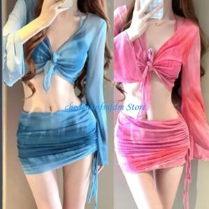 GALLOWAY ชุด 4 ชิ้น ชุดบิกินี่ ลายมัดย้อม แขนยาวตาข่าย ชุดว่ายน้ำ ลุคลำลอง รูชด้านข้าง ชุดชายหาด