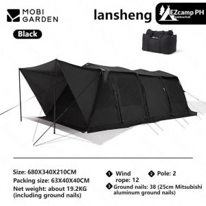 Mobi Garden RANGE ROVER Series 4 Rods Black Tunnel Type Camping Tent 23.1m² Extra Large Space for 8-10 Person up to 2 Bedrooms and 1 Living Room Waterproof Windproof Aviation Pre-Bended Aluminum Poles Outdoor Glamping Luxury Mobigarden LANSHENG