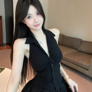 Áo Cổ Yếm Nữ Hàn Quốc Đính Cúc Thiết Kế Thanh Lịch Thời Trang Mùa Hè