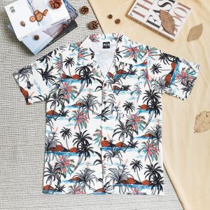 เสื้อฮาวายสงกรานต์ ผ้าไหมอิตาลี ลายต้นมะพร้าว วิวทะเล  รหัส C123