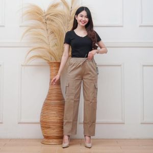 Celana Panjang Kargo Wanita Korean Highwaist Full Karet Kain Import Premium mocca hitam