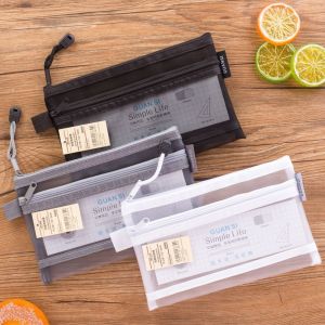 LEIFNYDI ง่าย ซิป สำนักงาน กล่องปากกา ความจุขนาดใหญ่ เอกสาร กระเป๋าดินสอตาข่ายคู่ อุปกรณ์เครื่องเขียนของโรงเรียน โฟลเดอร์แฟ้ม กระเป๋าเก็บเครื่องสำอาง