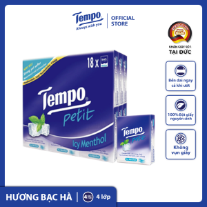 [LỐC 18 GÓI] Khăn giấy bỏ túi cao cấp Tempo Petit 18 - 4 lớp bền dai được kiểm nghiệm da liễu - Thương hiệu Đức (18 Gói/Lốc)