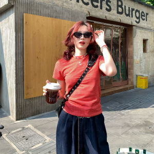 IELGY Cotton contrasting striped red T-shirt for women