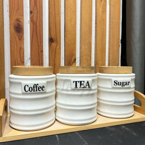 CKS Ceramic Round Jar Ceramic with Wooden Tray Coffee Creamer Sugar