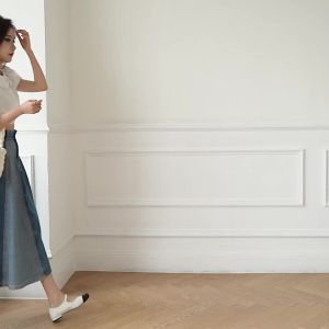 Ammin เอวสูงแบบหรูยาวปานกลางสำหรับผู้หญิงกระโปรงเดนิมแต่งตะเข็บหลากสีพิเศษกระโปรงสวิงกระโปรงทรงเอ2024สไตล์เกาหลีสำหรับฤดูใบไม้ผลิและฤดูใบไม้ร่วง