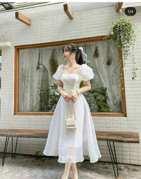 Váy trắng dự tiệc dễ thương đầm dáng xòe tiểu thư công chúa tay phồng cổ  vuông xinh đẹp XUKA DRESS MT 040 - Tìm Voucher