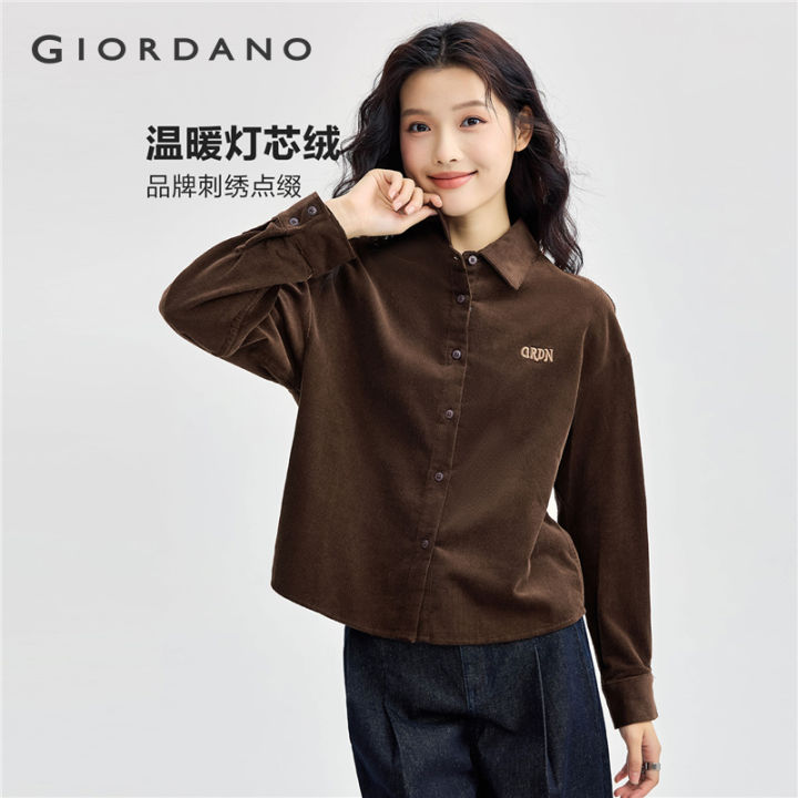 GIORDANO Women Shirts 100% Cotton Corduroy Shirts brand embroidery