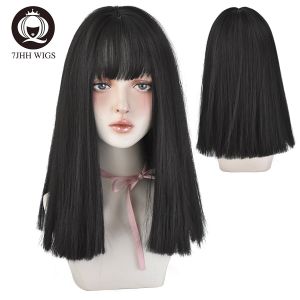 7JHHWIGS 45cm Wig for Women Human Hair Washable with Bangs for Women Shoulder Length Straight Hair Black Net Red Cute Fashion Face Full Set of Long Hair Wig