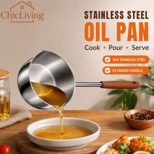 ChicLiving Home Furnishings Store Stainless Steel Oil Pan Multifunctional Frying Boiling Steaming Pan Wooden Handle Easy Oil Drain Kitchen Cooking Utensil Home Use