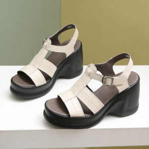 Thick-soled High-heeled Roman Sandals Womens Foreign Trade New Line Strap Hollow Fish Mouth Woven Sandals in Stock