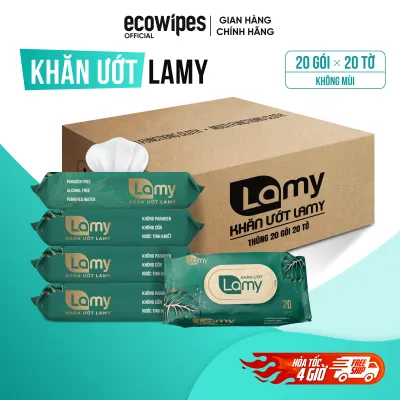 Thùng 20 gói khăn ướt LAMY 20 tờ không mùi không cồn không chất tẩy trắng