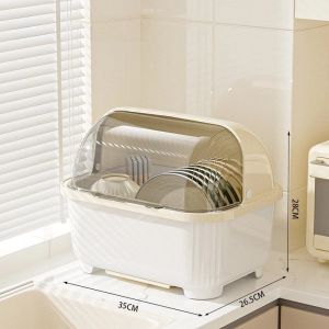 Dish Drainer with Cover Insect Proof Plastic Dish Rack Drain Basket Kitchen Organizer Rak Pinggan Kotak Sumpit
