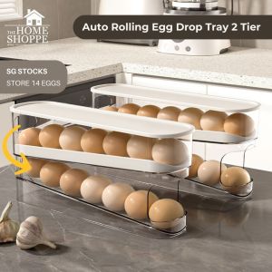 SG Premium Auto Rolling Egg Rack Holder 2 Tier Fridge Egg Holder with Cover White Egg Container Hold UP TO 14 EGGS by Thehomeshoppe