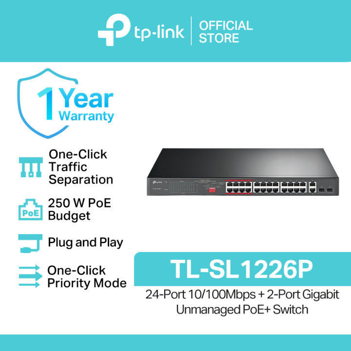 TP-Link TL-SL1226P 24-Port 10/100Mbps + 2-Port Gigabit Unmanaged PoE+ Switch | Switch Hub | Network Switch | Switch Hub for Internet