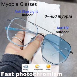 Photochromic Myopia Glasses with Degree 0~-600 Women Men Retro Double Beam Block Blue Light Anti Finished Nearsighted Glasses UV400