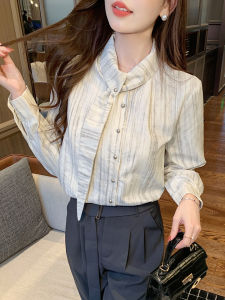 AMMIN 2025 Spring and Autumn new fashion stand collar ribbon design long sleeve commuter chiffon shirt Woman Korean style fashion tie dye striped print single breasted elegant blouse