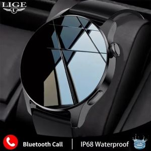LIGE hitam smart watch tali silikon anti air Pesan panggilan Bluetooch mengingatkan pelacak kebugaran jam tangan pria