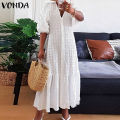 VONDA Women Fashion Solid Color Pleated Tunic Long Maxi Dresses V Neck Ruffled Hem Button Up Puff Sleeve Vestido (Plus Size). 