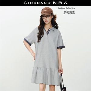 GIORDANO Women Dresses Check Trim Half Placket Polo Dresses Short Sleeve Knee Length Fashionable Casual Dresses 18466522
