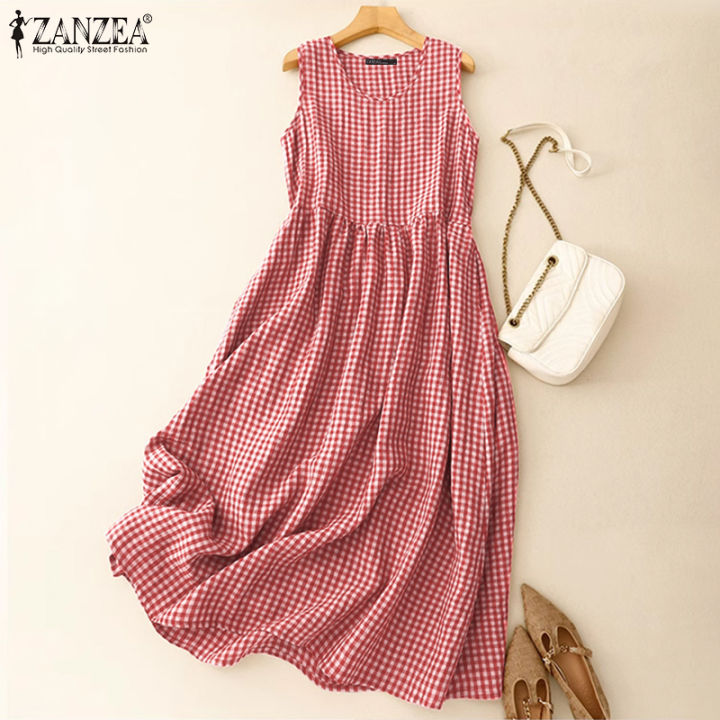 ZANZEA Women Summer Sleeveless Plaid Collect Waist Sundress Crew Neck Midi  Holiday Dresses #0909 Lazada PH