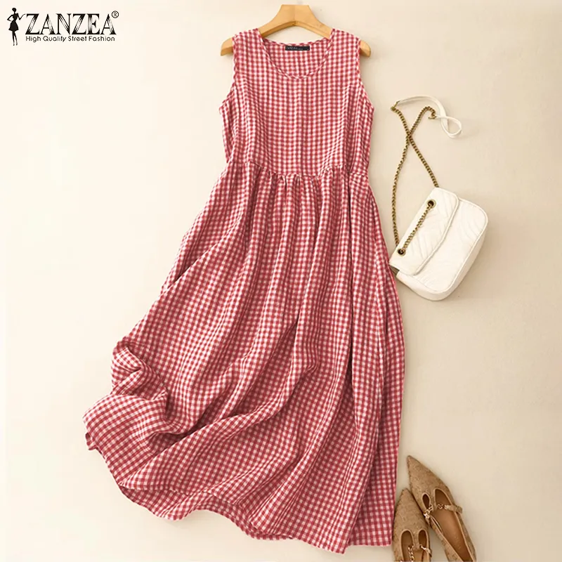 ZANZEA Women Summer Sleeveless Plaid Collect Waist Sundress Crew Neck Midi  Holiday Dresses #0909