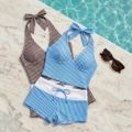 MAOMEI Cổ chữ V Bộ bikini hai mảnh Áo dây cổ halter Y2k Áo tắm kẻ sọc Ngọt ngào Dáng ôm Quần áo đi biển Phụ nữ. 