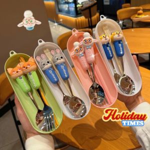 Kids 2pcs Spoon Set Cartoon Spoon Cute Cartoon Style Stainless Steel Spoon&Fork With Convenient Portable Box