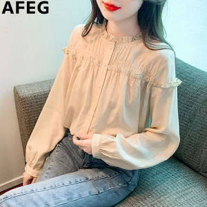 AFEG solid color Korean version round neck wooden ears edge fashion loose temperament long-sleeved blouse