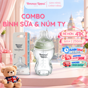 COMBO Bình Sữa Thủy Tinh Ty Siêu Mềm Tự Nhiên Tommee Tippee 260ml & Núm Ty Silicon Thay Thế 6M+