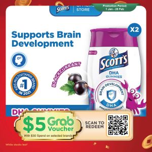 [2 Pack] SCOTTS DHA Fish Oil Omega 3 Gummies Supplement for Children Supports Brain Development Black Currant 60s