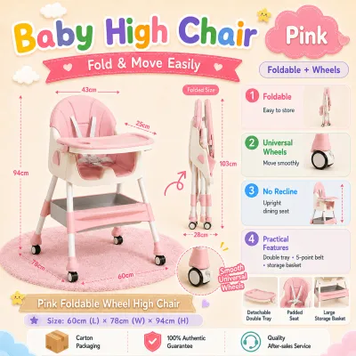PlayPark Baby High Chair 3 in 1 Foldable Feeding Chair Adjustable Baby Dining Chair with Tray Wheels Plate for Toddlers